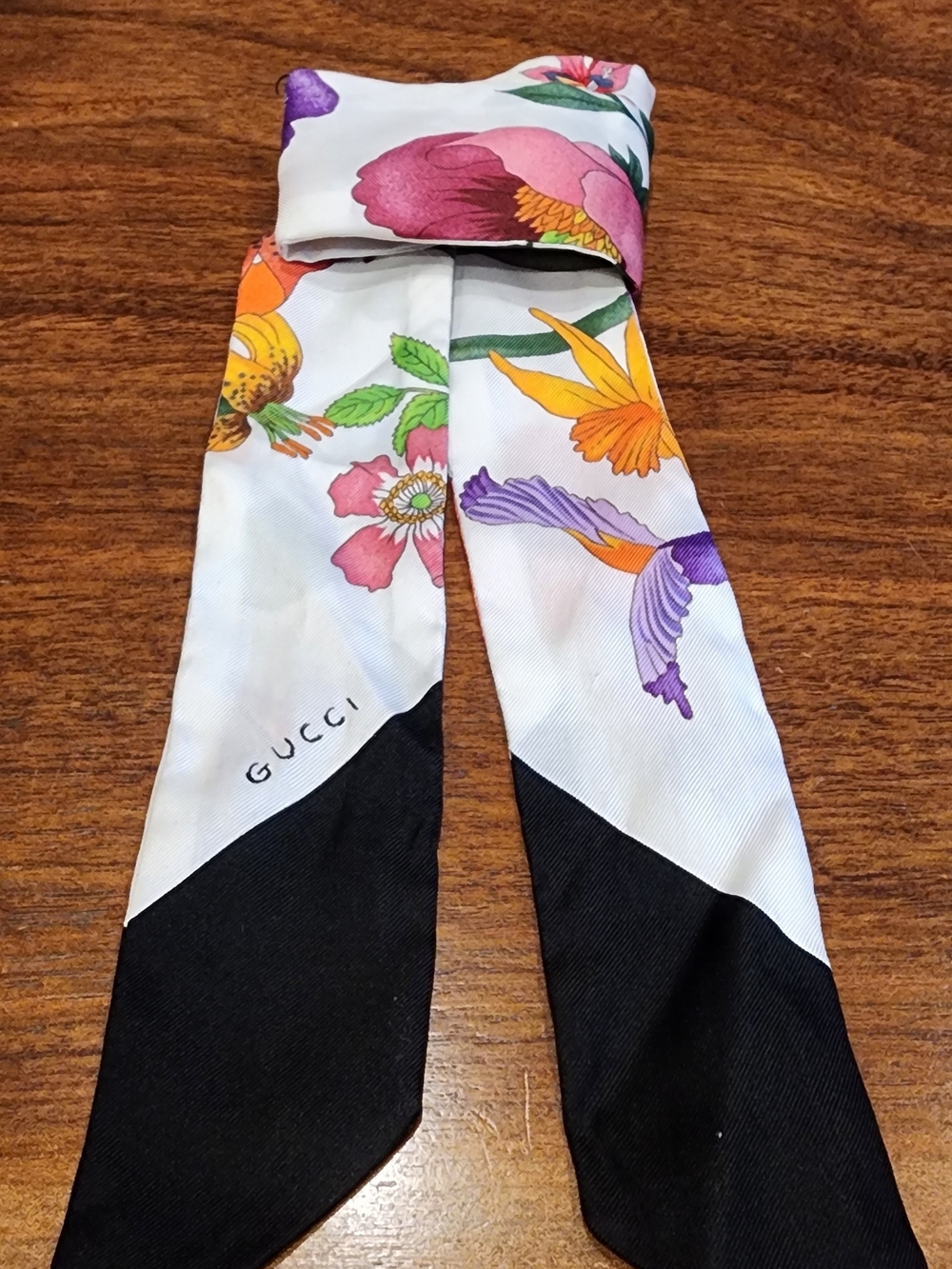 Gucci Floral Silk Twilly Scarf - White, Black, Pink, Purple, Yellow